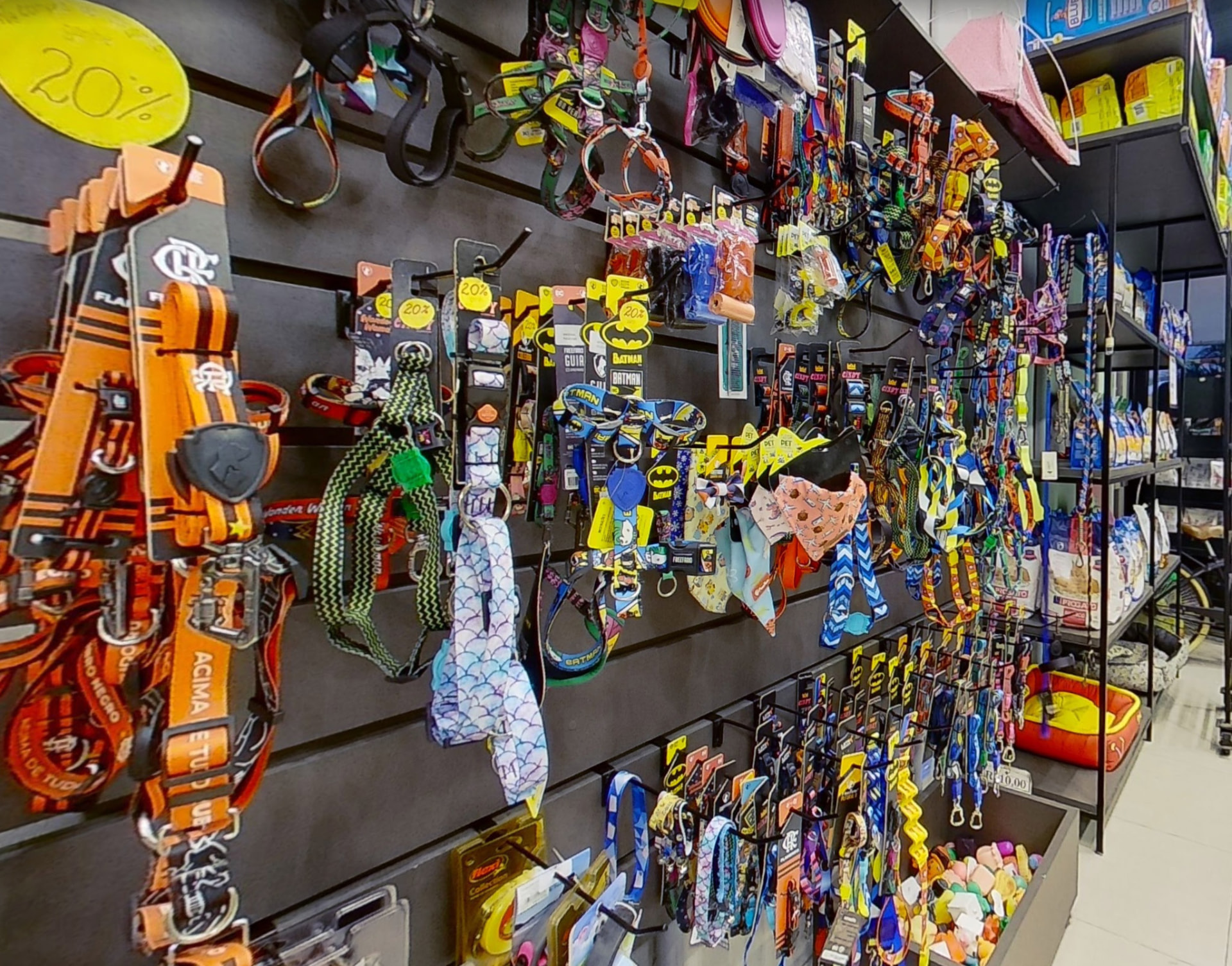 Variedade de coleiras, guias e acessórios no pet shop